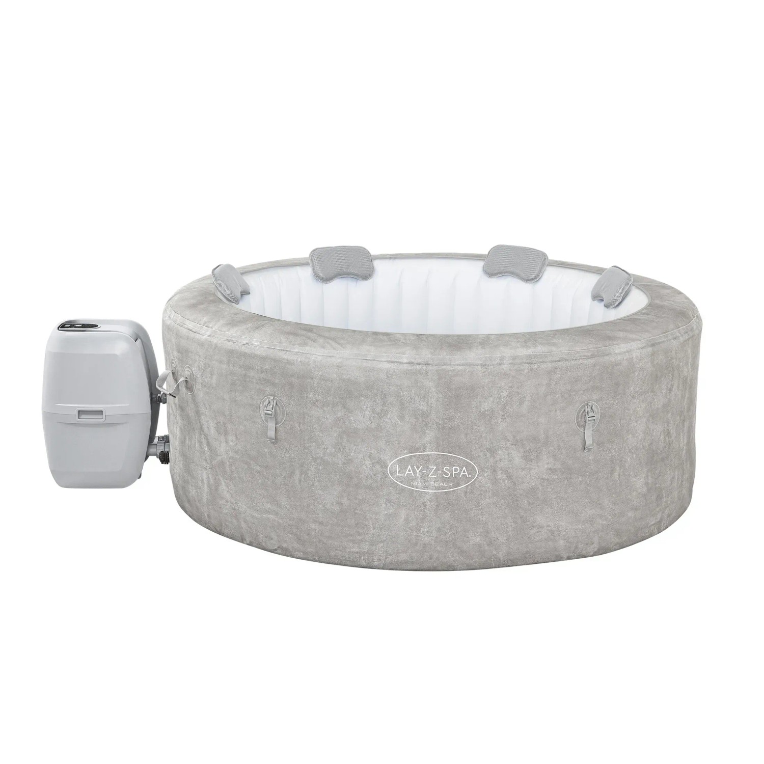Bestway Lay-Z-Spa ECO Miami Beach AirJet, aufblasbarer grauer Whirlpool mit Pumpe und Nackenkissen.