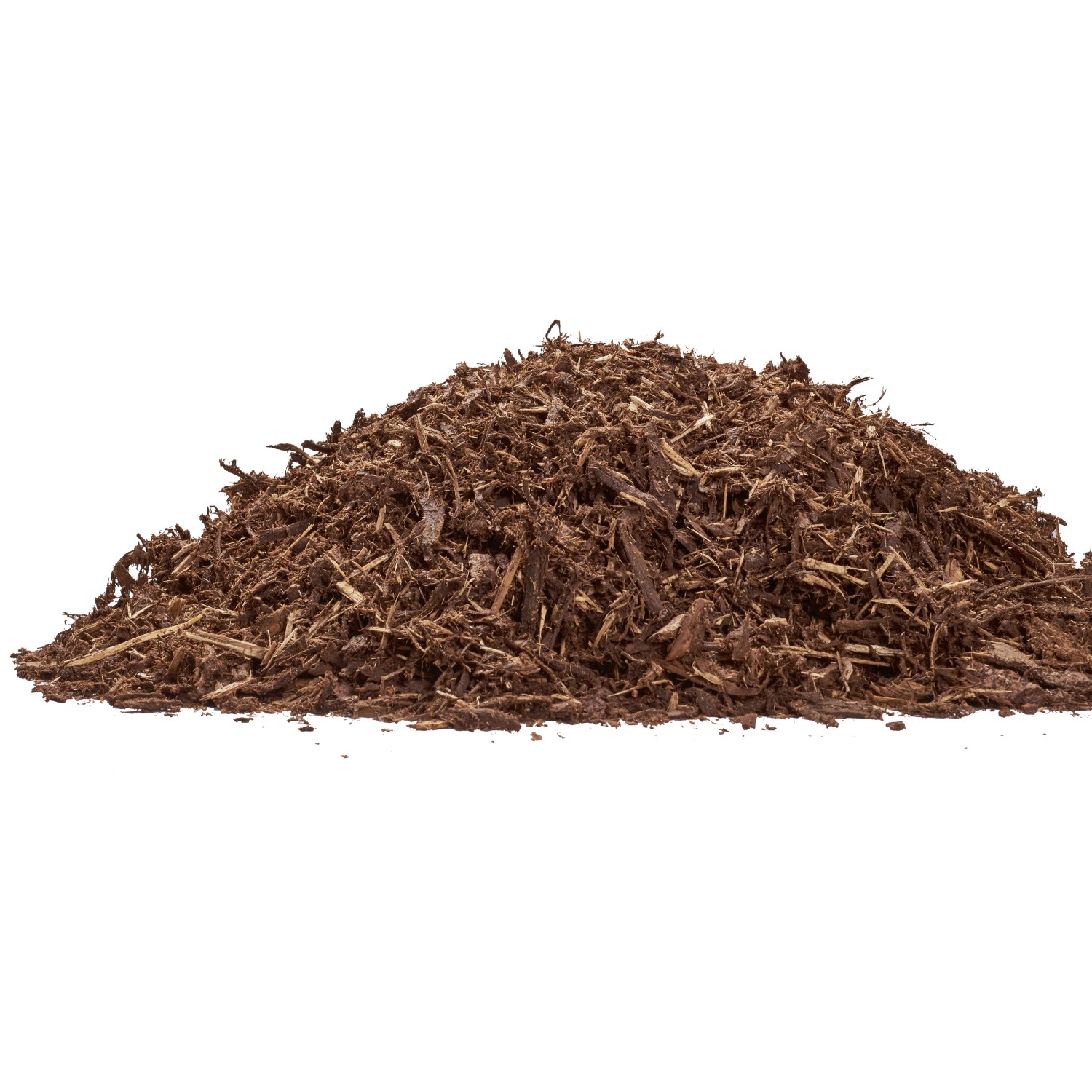 Haufen Rindenmulch, braun, aus zerkleinerter Nadelholzrinde, Körnung 0-40 mm.