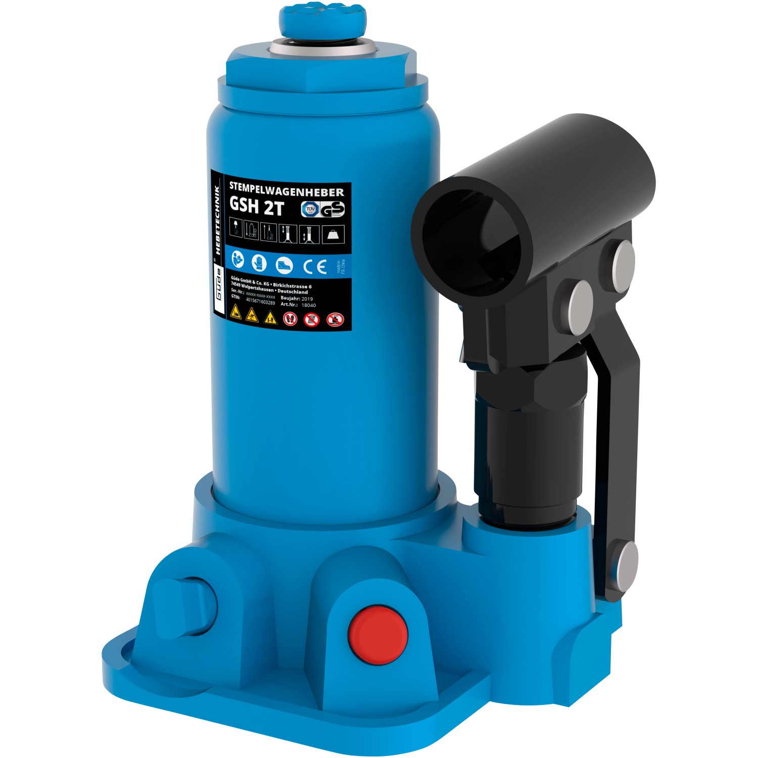 Blauer Güde Stempelwagenheber GSH 2T für Wartung und Reparatur.