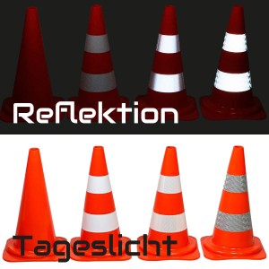 UvV Leitkegel Pylonen Set, 4 orangefarbene Verkehrskegel mit Reflexstreifen.