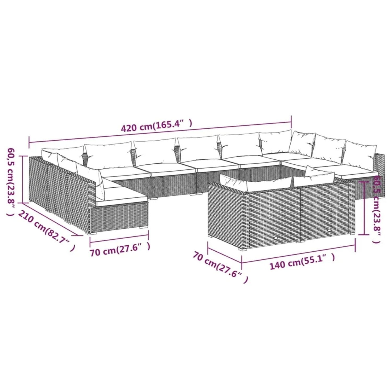vidaXL Garten-Lounge-Set, 12-teilig, braunes Poly Rattan, mit Maßen. Ideal für Gartenmöbel.
