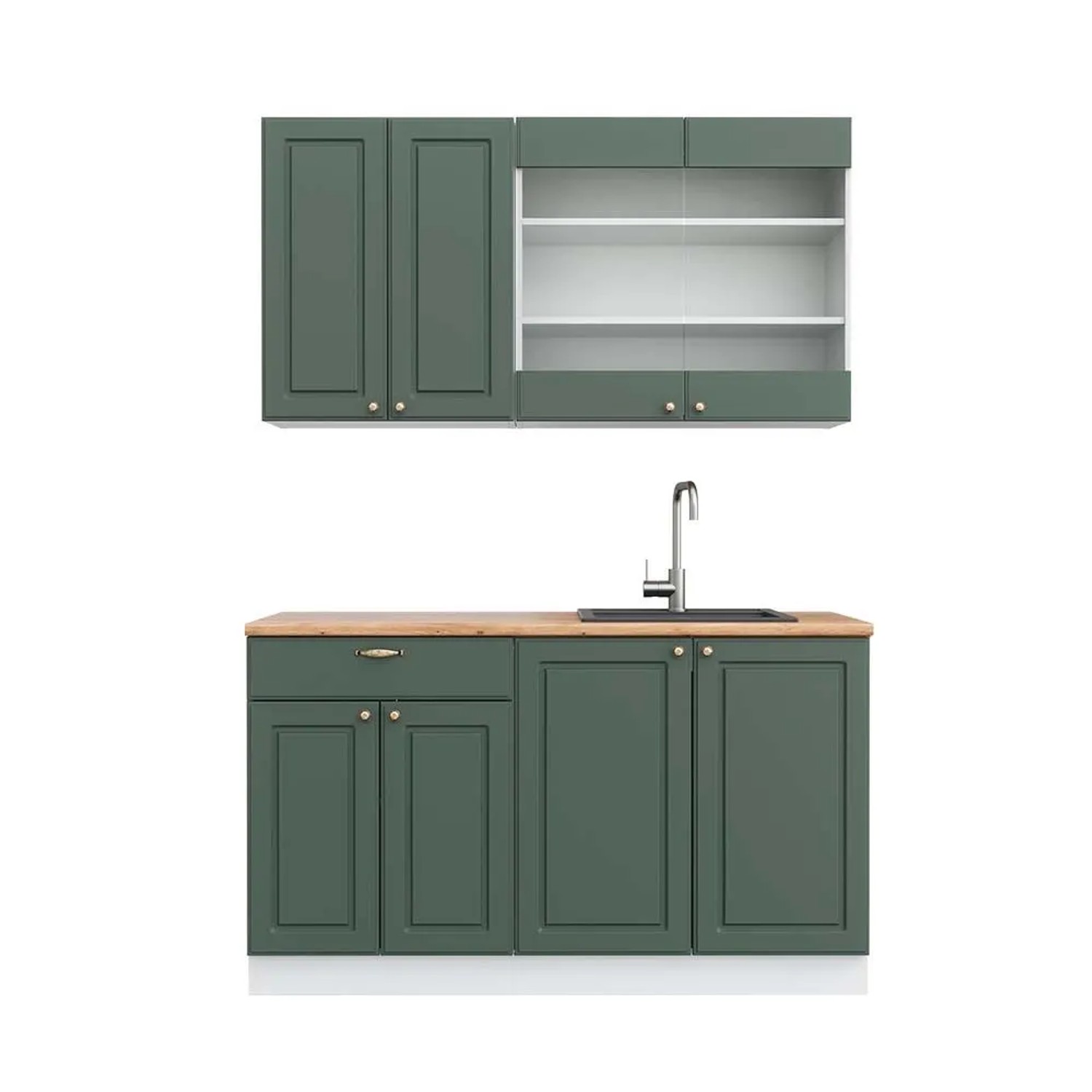 Vicco Fame-Line Singleküche Grün-Gold Landhaus Weiß 140 cm AP Eiche ohne E-Geräte