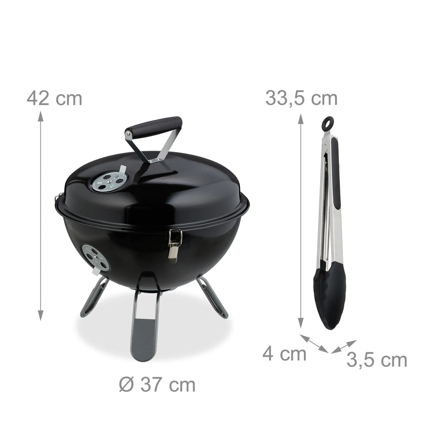 Schwarzer tragbarer Kugelgrill aus Stahl mit Deckel, Griff, silbernen Beinen und Grillzange.