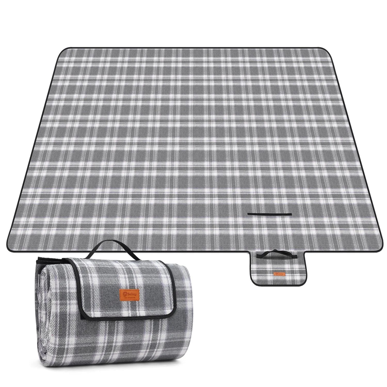 Sekey Picknickdecke Wasserdicht Karierte Stranddecke Sandfrei 200x200cm Grau Kariert