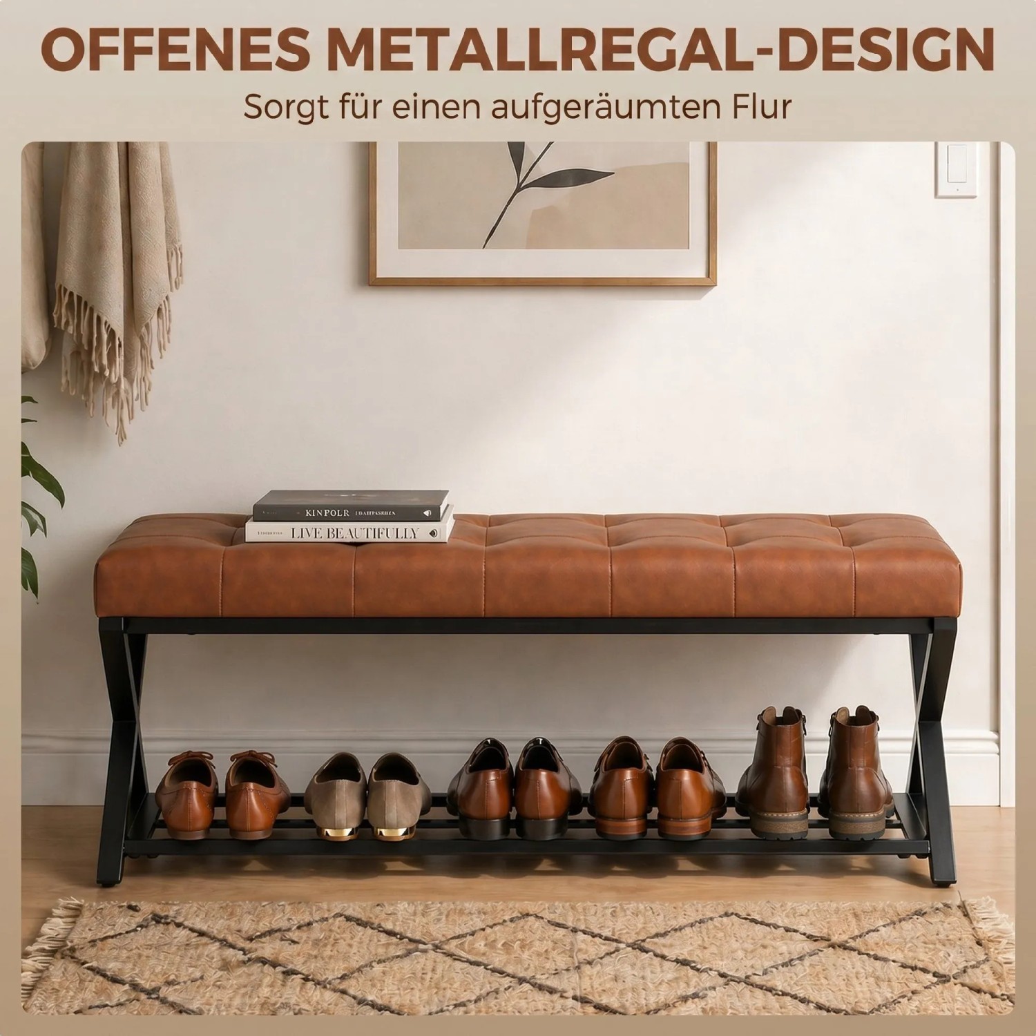 Braune HOMCOM Schuhbank aus Kunstleder mit gepolstertem Sitz, schwarzem Stahlrahmen und offenem Schuhregal.