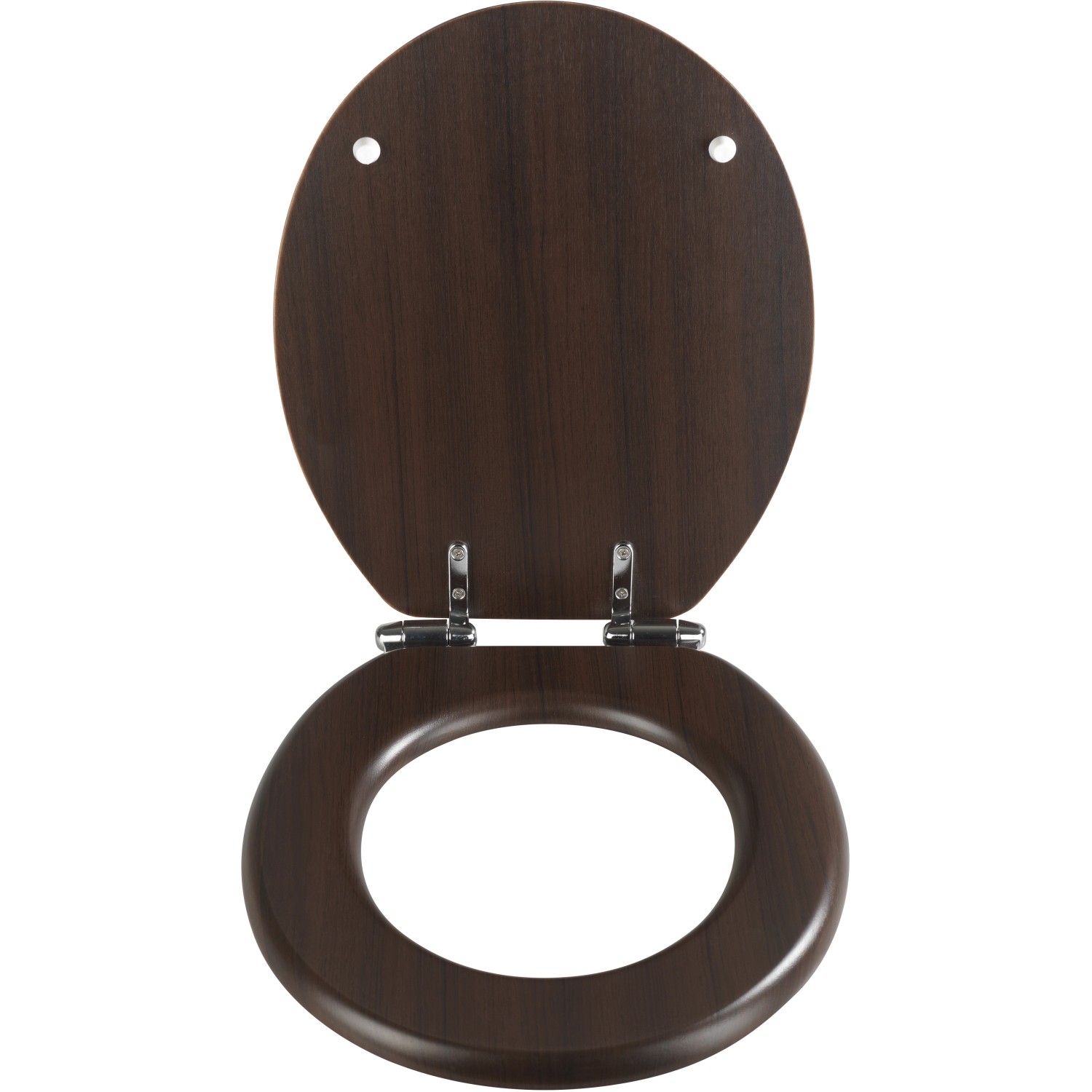 Offener WC-Sitz Wengé von Wenko aus MDF mit Absenkautomatik und Chrom-Scharnieren.