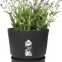 Schwarzer, runder Elho Blumentopf Greenville (18 cm) mit lila blühender Pflanze.