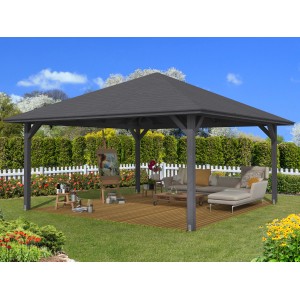 Skan Holz Pavillon Cannes 4, eiche schiefergrau lasiert, 489x489 cm. Gartenlaube mit Holzterrasse und Sitzgruppe.