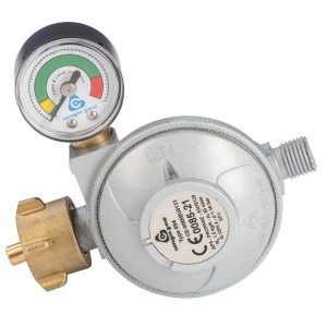 Landmann Druckminderer 50mbar mit Manometer und Schlauchbruchsicherung für Gasgrills.