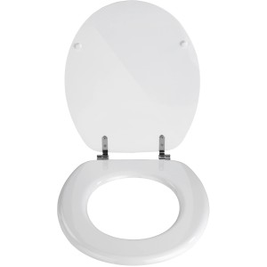 Weißer WC-Sitz Valencia von Wenko aus MDF mit Edelstahl-Befestigung, Deckel geöffnet.