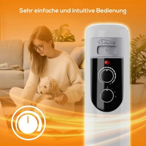 TroniTechnik Ölradiator TT-OR 107, 7 Rippen, 1500W, 3 Stufen, im Wohnraum mit Frau und Hund.