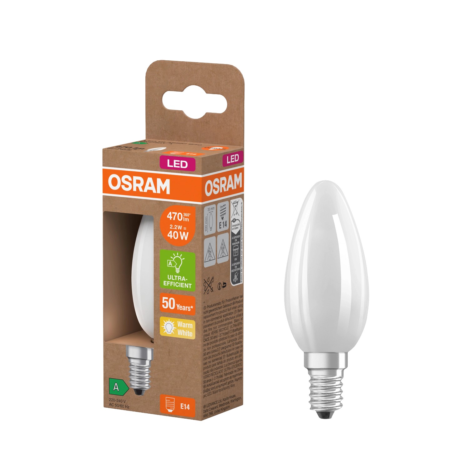 Osram LED-Leuchtmittel E14 Kerzenform B40 Warmweiß 2,2 W 470 lm 10,1 x 3,5 cm