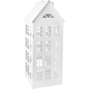 Weiße Metall Laterne im Haus Design, Weihnachtsdekoration mit Fenstern und Schornstein.