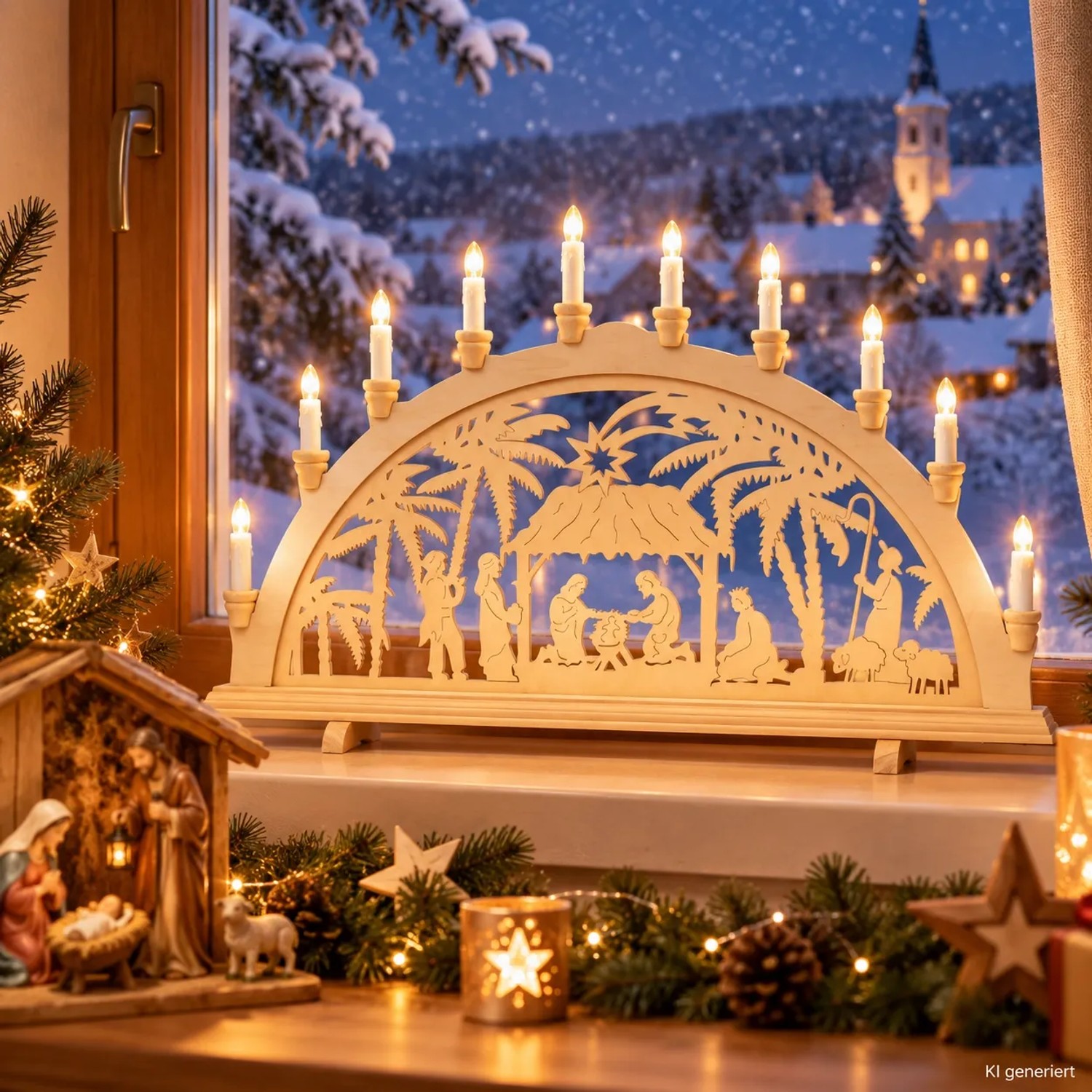 Dekohelden24 XXL Leuchterbogen Schwippbogen Lichterbogen Fensterbogen Schwibbogen Motiv Christi Geburt mit Spitzkerzen Wechselbar L/B/H 71 x 4 x 40 cm_2