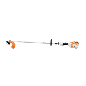 Stihl Akku-Motorsense FSA 80 R in Orange-Grau mit langem Schaft und Rundumgriff für Gartenarbeiten.
