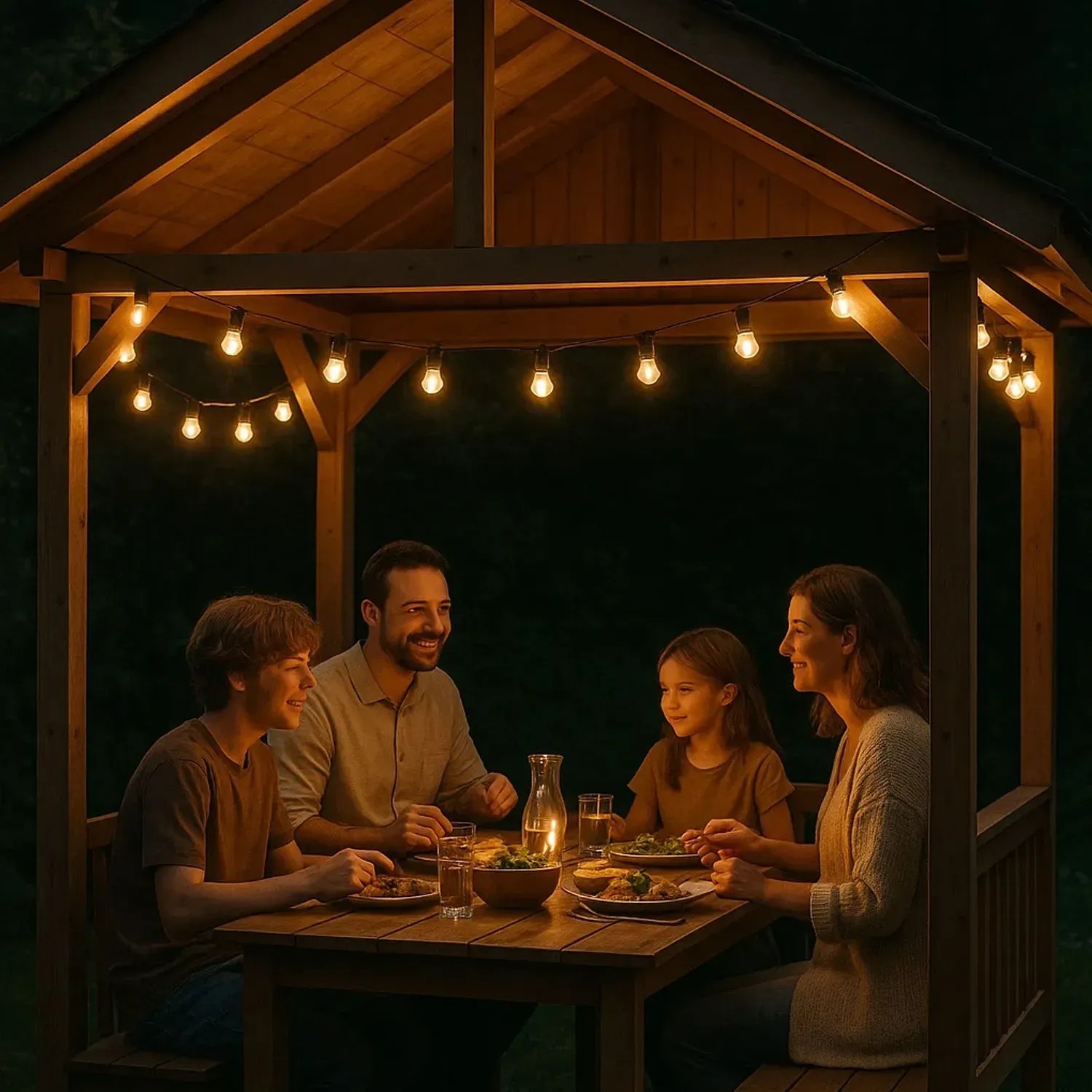 Familie genießt den Abend unter einer mit der Satisfire Partylichterkette beleuchteten Terrasse.