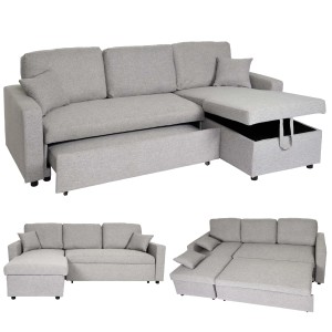Graues MCW Ecksofa L17 mit Bettkasten und Schlaffunktion, variabel montierbar.