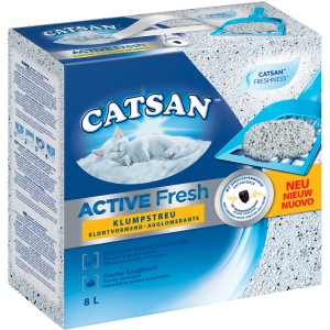 Catsan Active Fresh Klumpstreu 8l im Karton mit Schaufel und Katzenmotiv.
