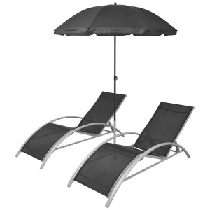 VidaXL Sonnenliegen mit Schirm, Aluminium, Schwarz, 2er Set. Bequeme Gartenliegen mit Sonnenschutz.