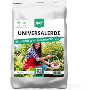 Weißer 50 L Sack Universalerde, torffrei, mit Etikett einer Frau beim Gärtnern. Für Pflanzen, Hochbeete, Balkon.