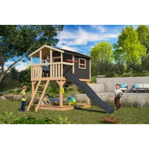 Karibu Stelzenhaus Benjamin mit Rutsche in Natur-Grau für Kinder im Garten.