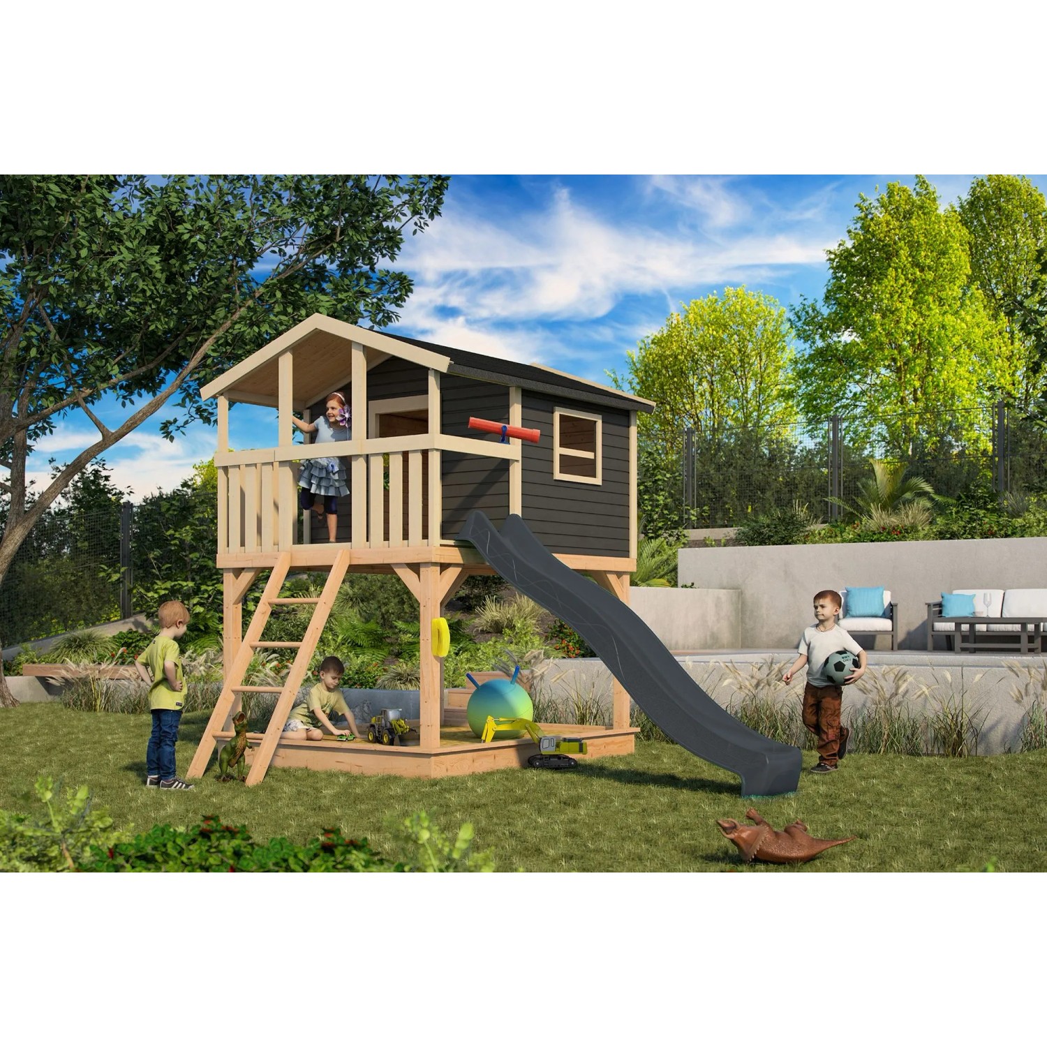 Karibu Stelzenhaus Benjamin mit Rutsche in Natur-Grau für Kinder im Garten.