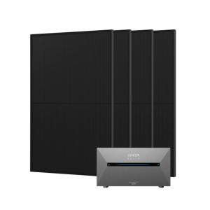 Anker Solix Balkonkraftwerk: vier schwarze Solarmodule und graue Solarbank 2 E1600.