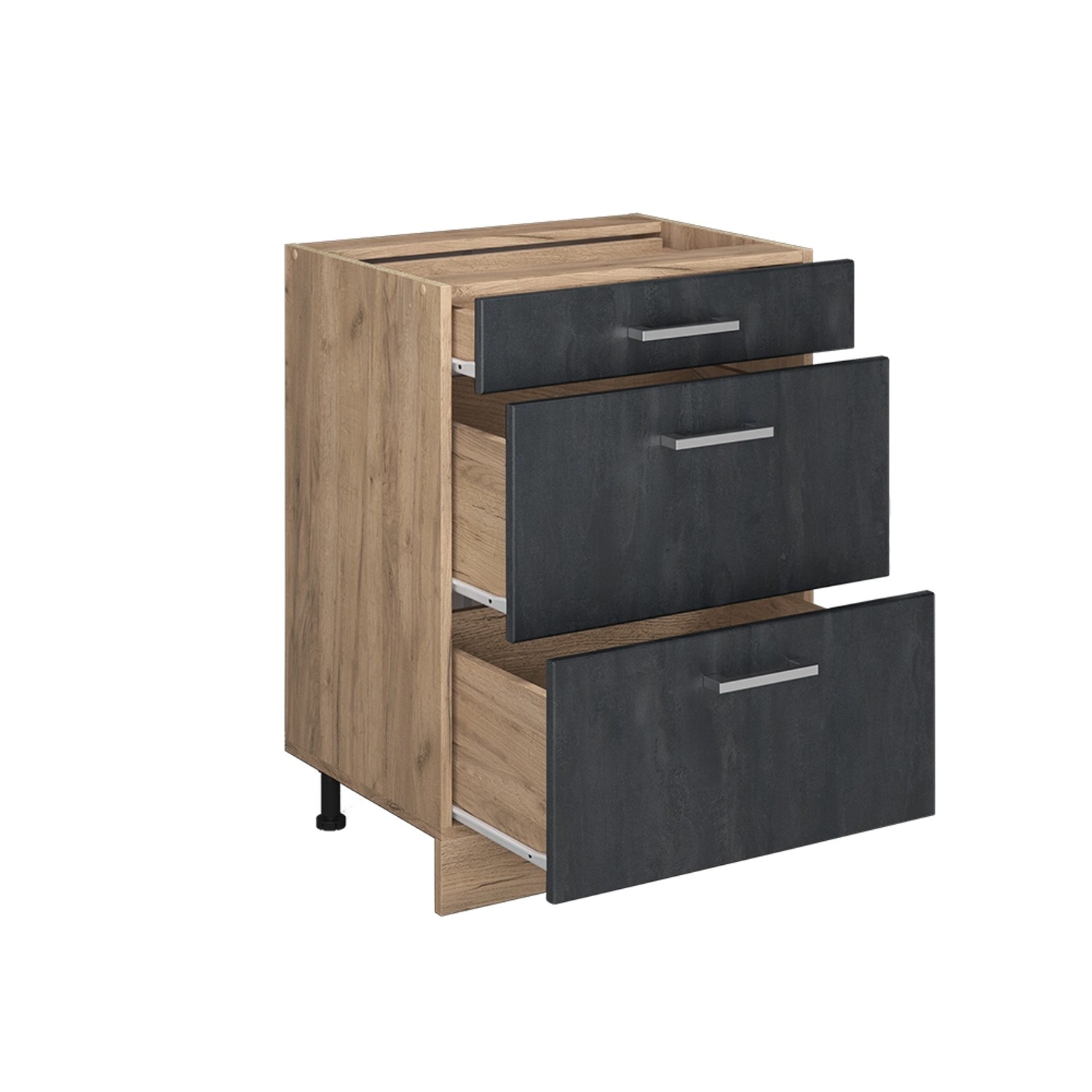 Küchenunterschrank mit drei Schubladen in Schwarz Beton und Goldkraft Eiche Dekor.