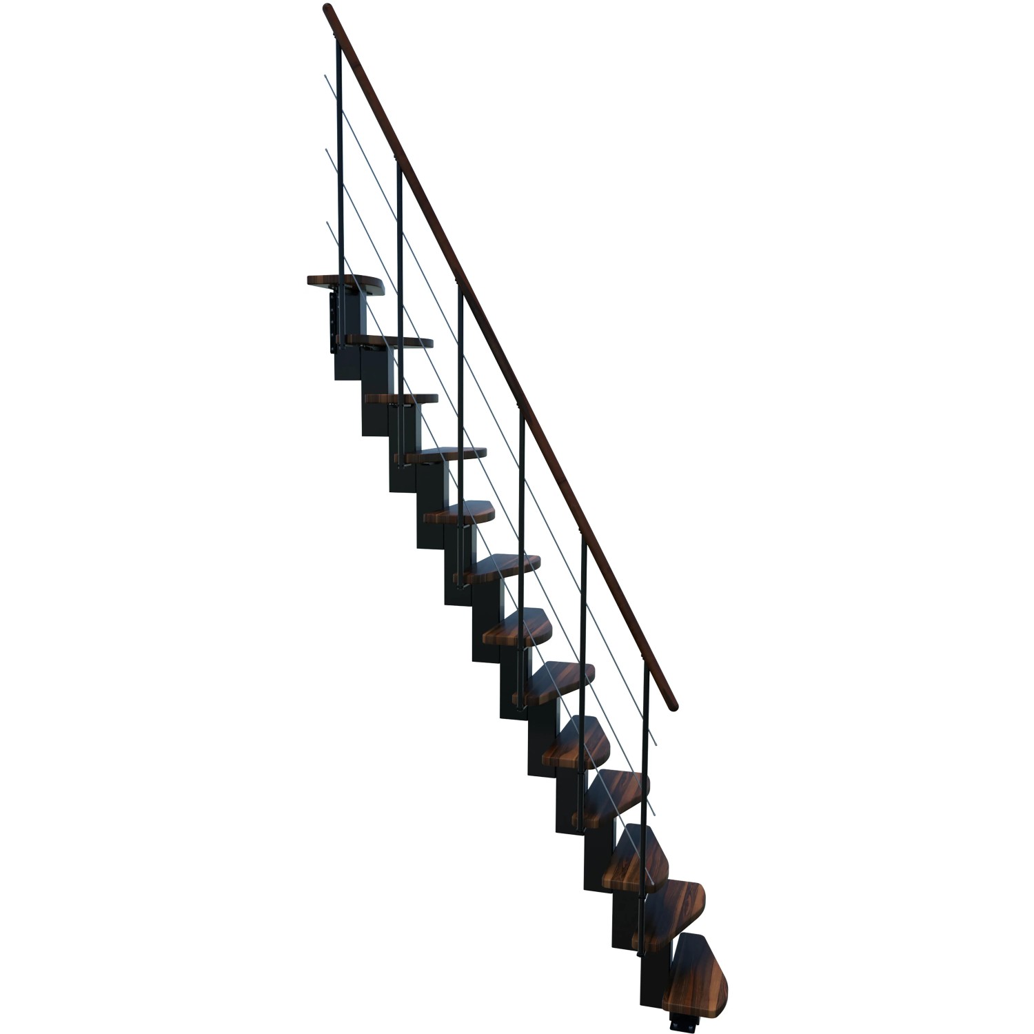Minka Raumspartreppe Quatro in Walnuss/Schwarz, Innentreppe mit Holzstufen und Handlauf.
