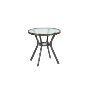 Runder Gartentisch Ravenna, Ø 70 cm, mit Glasplatte und schokofarbenem Kunststoffgeflecht.