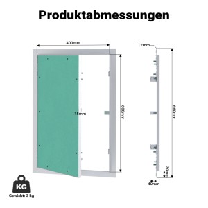 Wiltec Revisionsklappe 40x60 cm, Aluminiumrahmen, Gipskartoneinlage. Technische Zeichnung mit Maßen der Wartungsklappe.