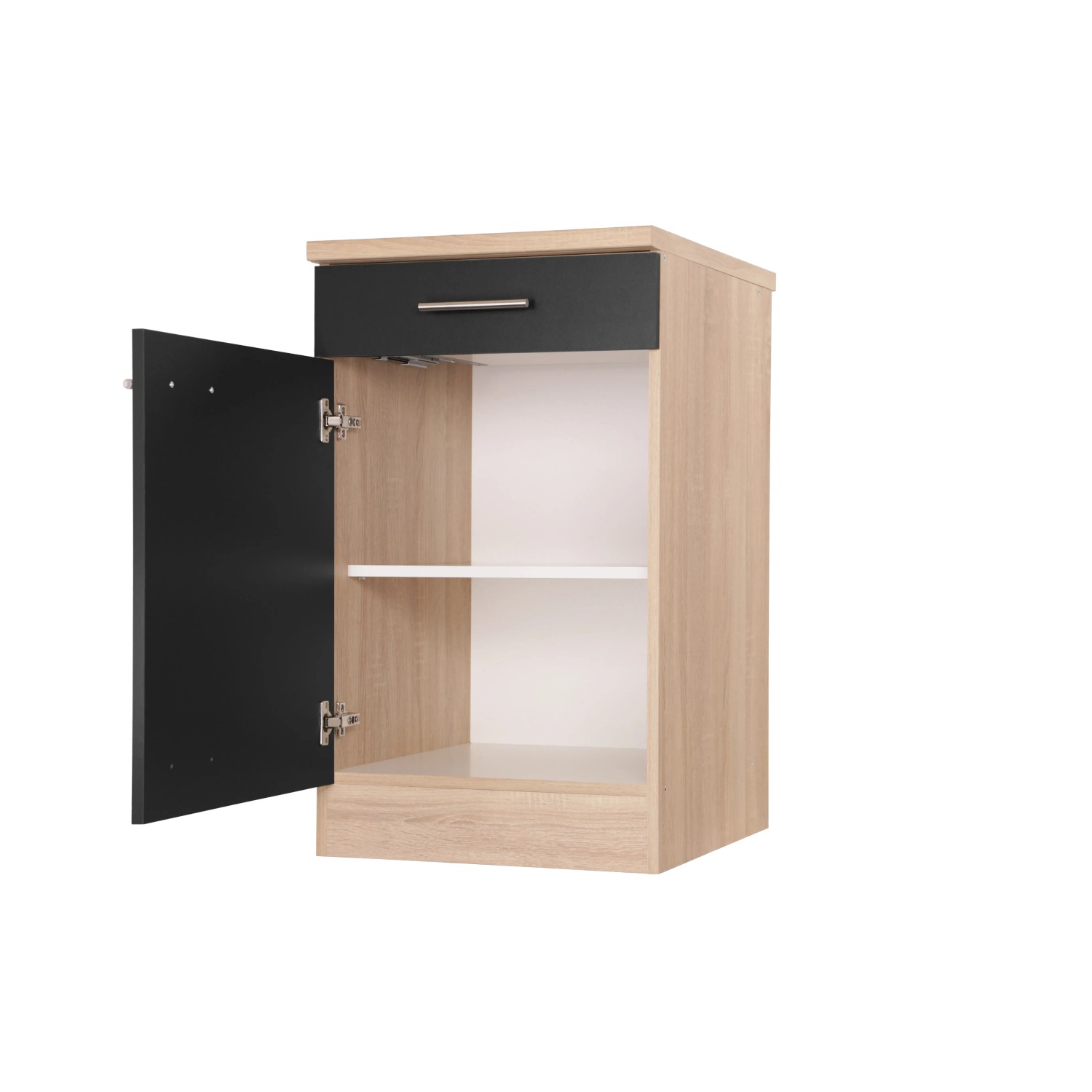 Respekta Unterschrank Merle, 50 cm, Schwarz, mit offener Tür und Schublade. Küchenunterschrank.