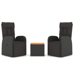 vidaXL Garten-Lounge-Set, 3-teilig, schwarz, Rattan, Akazie. Gartenmöbel mit 2 Stühlen und Tisch.