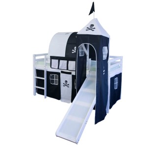 Schwarzes Homestyle4u Tunnel Bogen Zelt als Bettzelt für ein Hochbett.