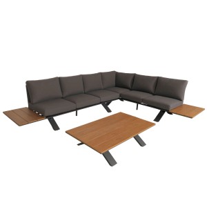 MCW Lounge-Garnitur M62 mit anthrazitfarbenem Gestell, dunkelgrauen Polstern und Tisch in Holzoptik.