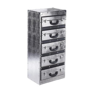 Kobolo Kommode Regal in Kofferoptik Silberfarben 5 Fächer Kunstleder und Holz