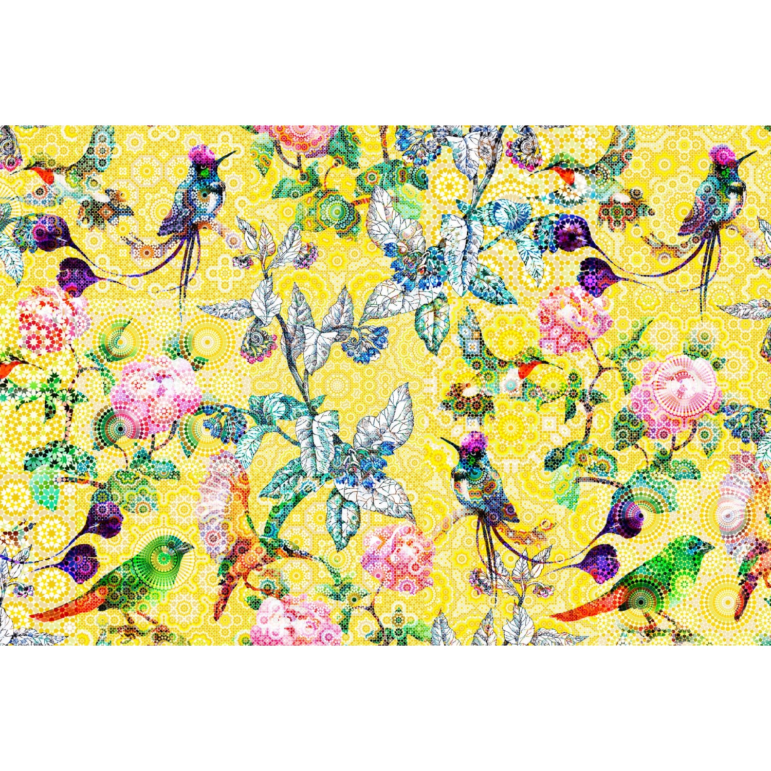 Fototapete Blumen Vögel Mosaik Grafik Bunt Gelb Blau 4,00 m x 2,70 m FSC®