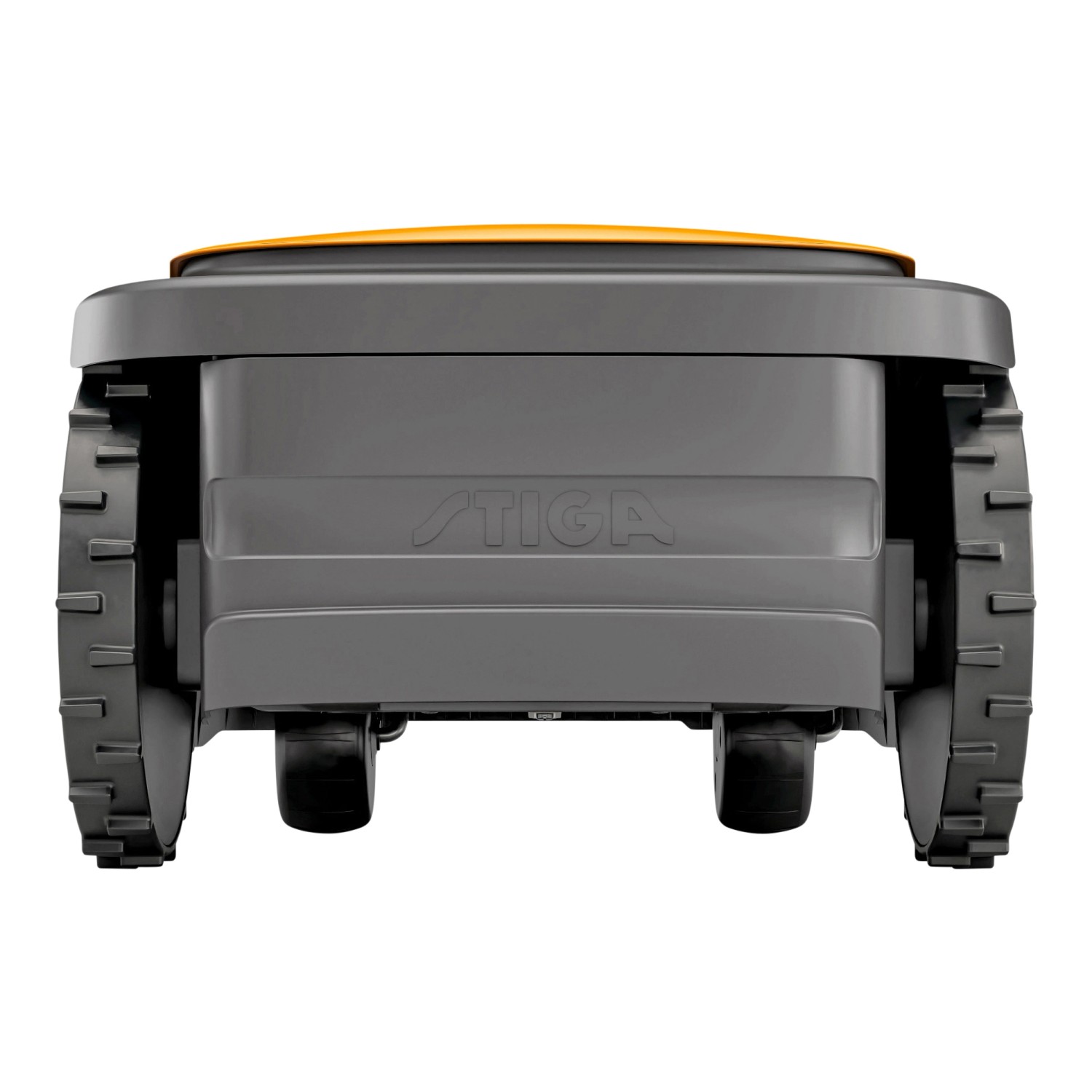 Stiga G 600 Mähroboter, graues Gehäuse mit gelbem Deckel, Ansicht von hinten.
