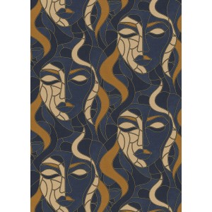 Blaue Vliestapete mit abstraktem Frauenportrait im Mosaik-Stil von Erismann, Elle Decoration 4 Moretta.