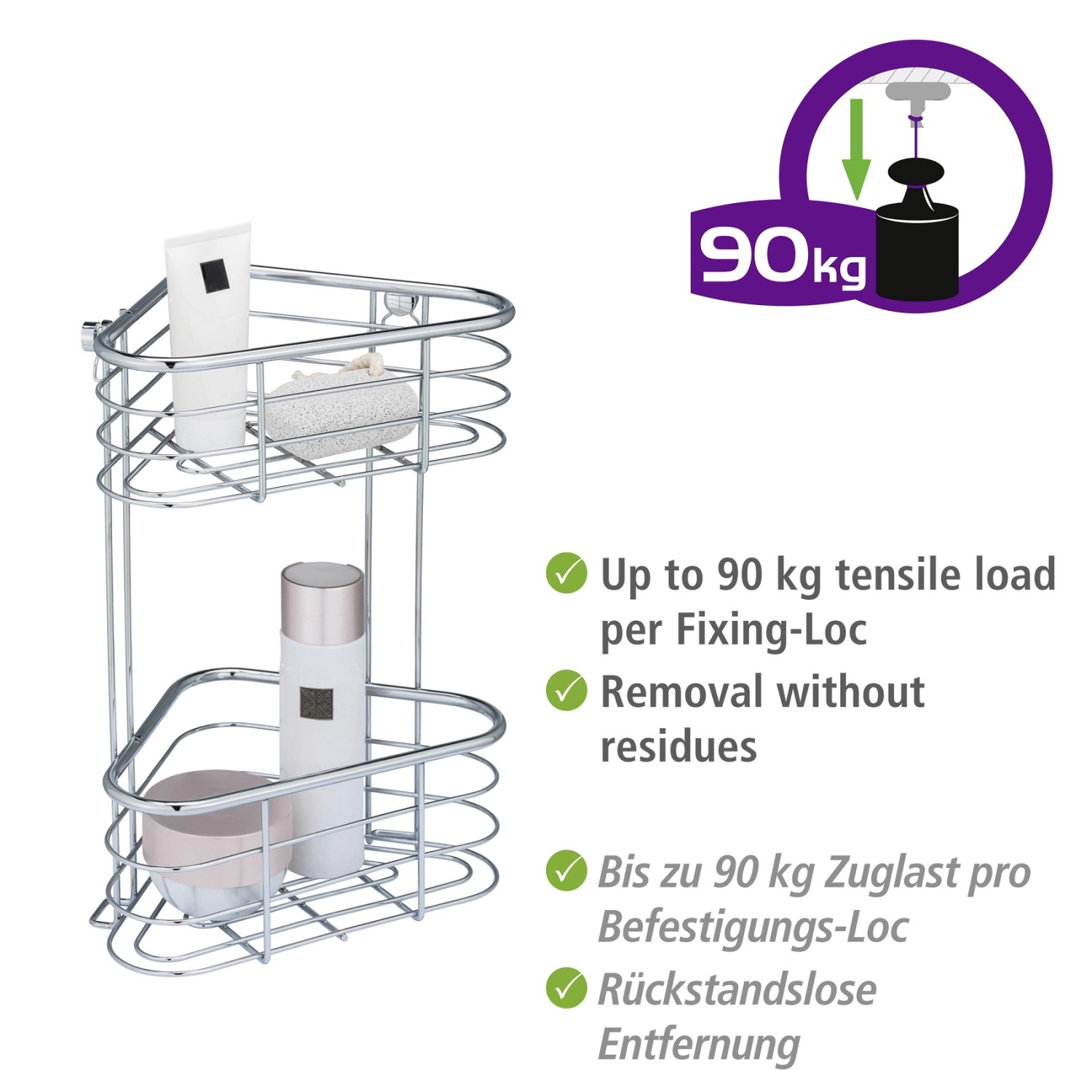 WENKO Eckregal Trestina mit 2 Etagen aus Edelstahl, Drahtdesign für Bad-Utensilien.
