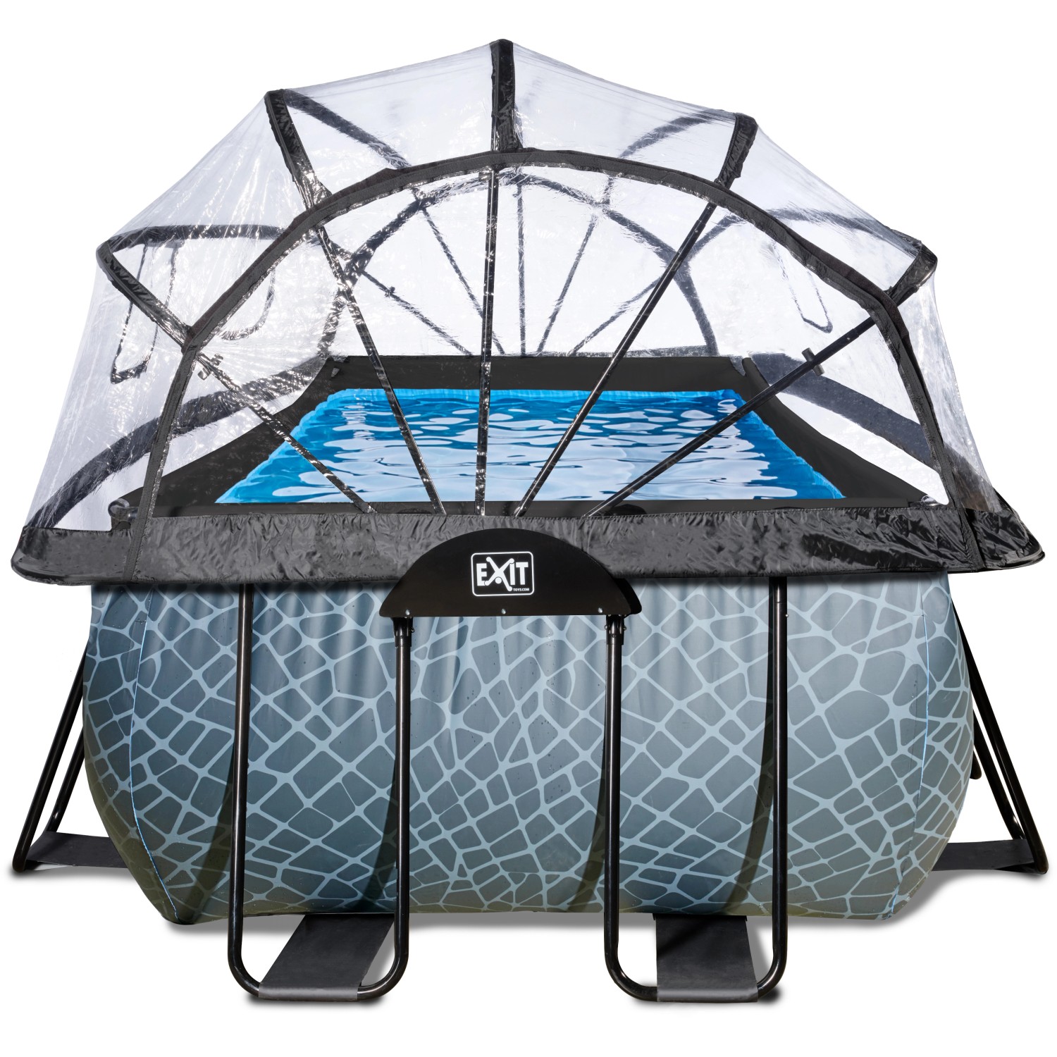 EXIT Stone Pool, 540x250x122cm, grauer Stahlrahmenpool mit Abdeckung, Sandfilterpumpe und Wärmepumpe.