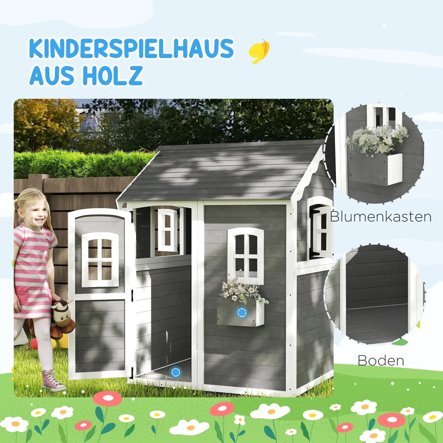 Outsunny Kinderspielhaus aus Holz mit Pflanzkasten, graues Design mit Fenstern und Tür.