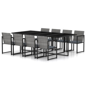 Graue 9-tlg. vidaXL Garten-Essgruppe mit Tisch und Rattan-Stühlen mit Kissen.