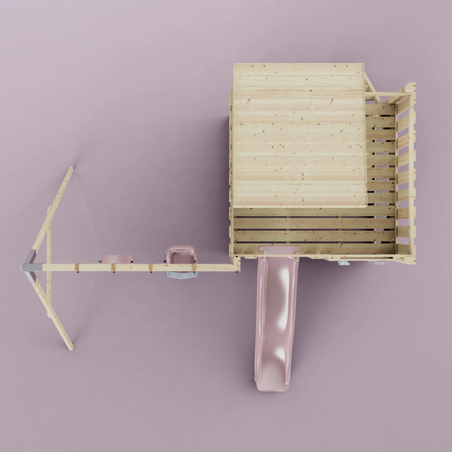 PolarPlay Spielturm Björn mit Babyschaukel in Altrosa, Ansicht von oben.