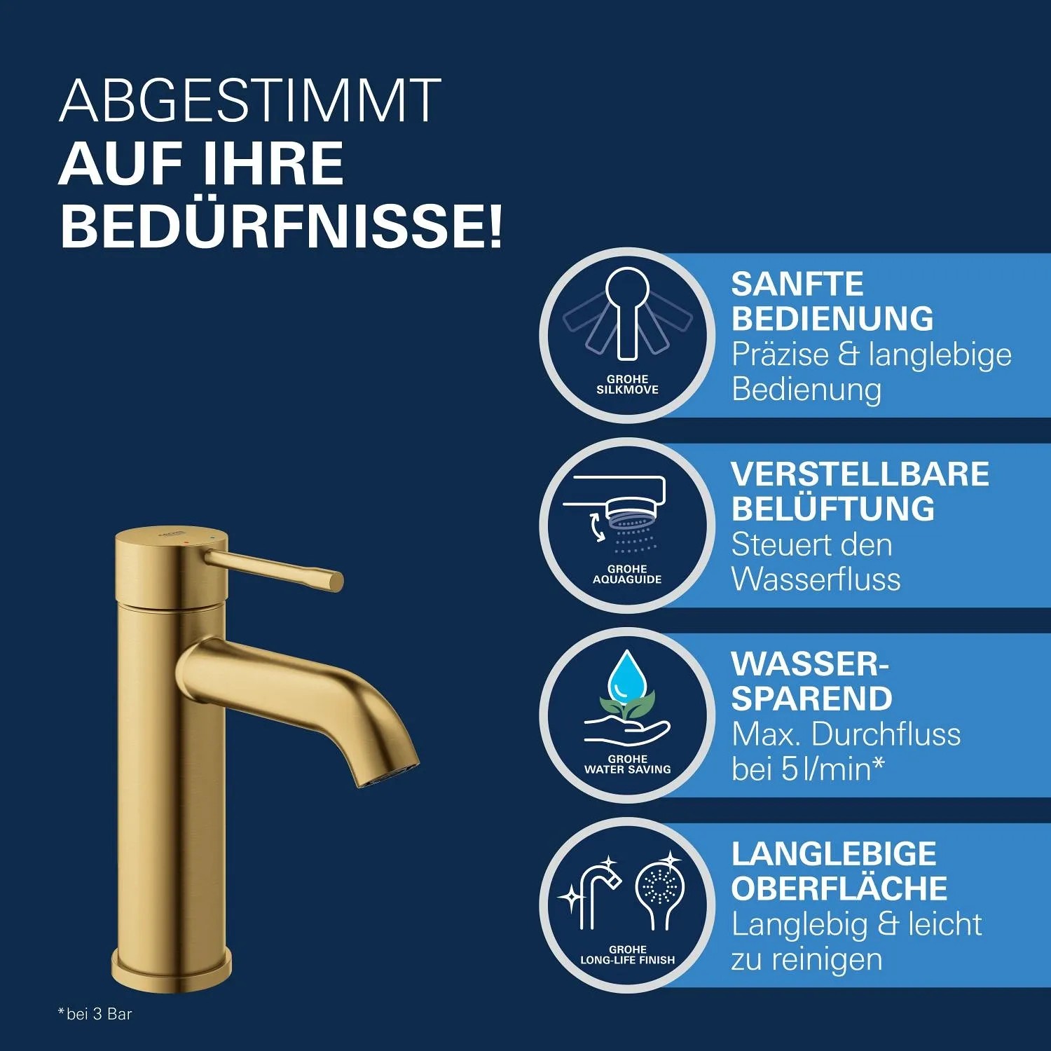 Grohe Essence Waschtischarmatur in gebürstetem Gold: Einhandmischer mit EcoJoy für sparsamen Wasserverbrauch.