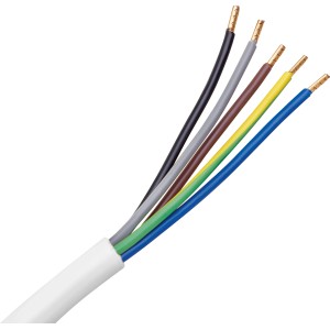 Weißes Herdanschlusskabel H05VV-F, 5 m, mit farbigen Adern für den Elektroanschluss.