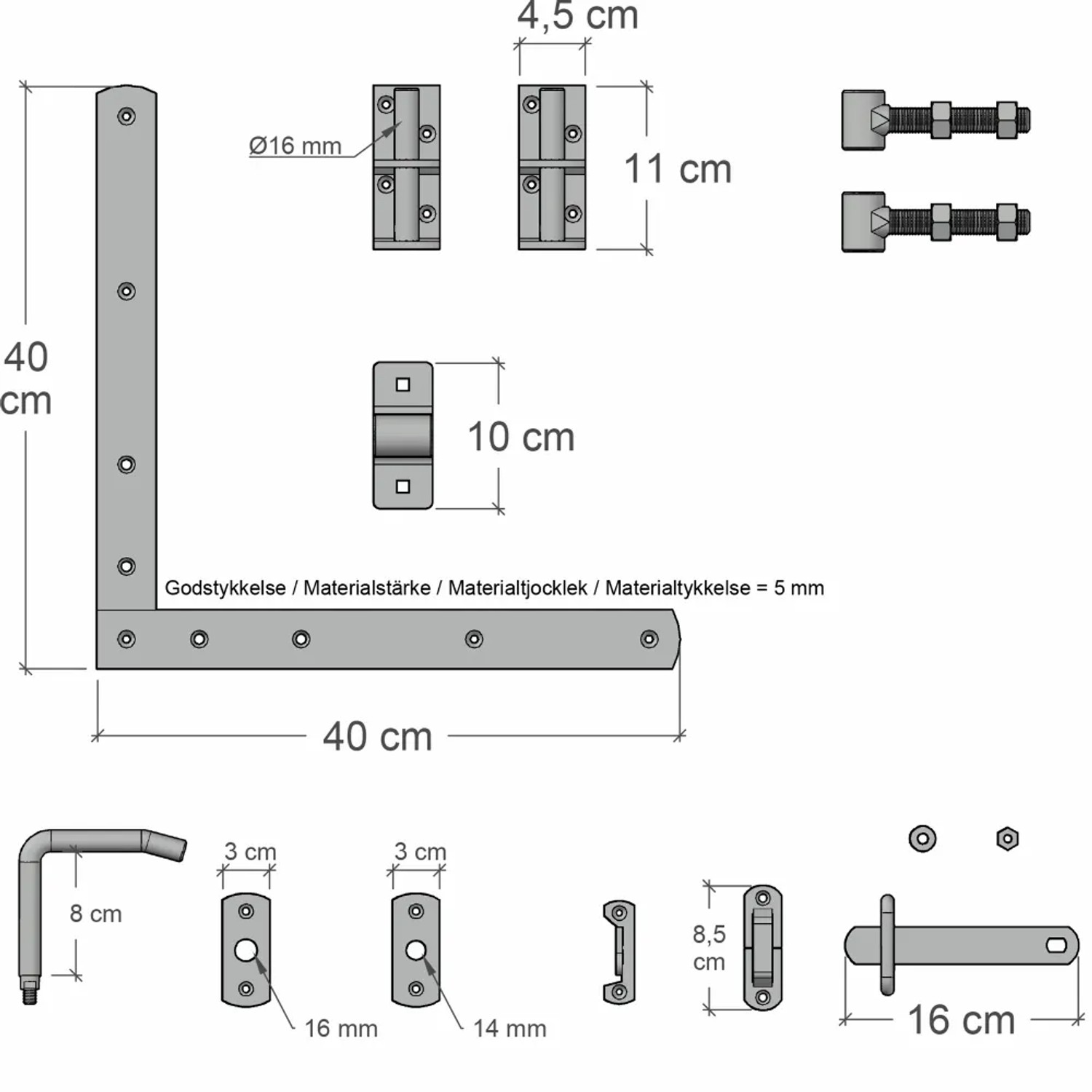 Detailansicht Beschläge für Tor Plank Nadelholz Schwarz, Maße und Details.