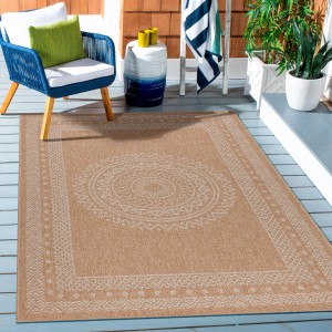 Beiger Ayyildiz Outdoor-Teppich Dhaka 8714 (80x250 cm) mit Mandala-Muster für Balkon und Terrasse.