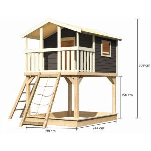 Karibu Stelzenhaus Benjamin mit Netzrampe in Terragrau, Leiter und Sandkasten. Ideal für Spielplätze.