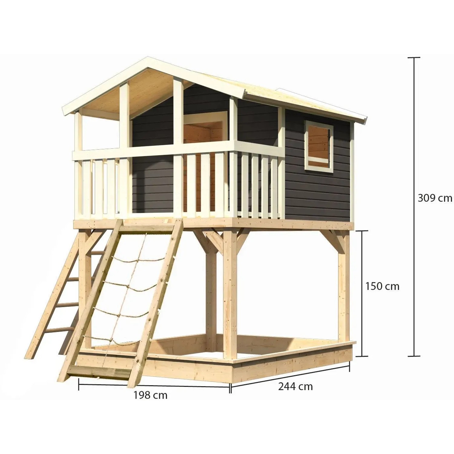 Karibu Stelzenhaus Benjamin mit Netzrampe in Terragrau, Leiter und Sandkasten. Ideal für Spielplätze.